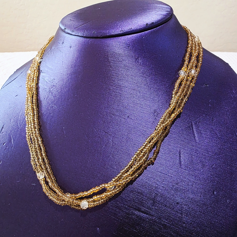 Vintage Glass Bead Beaded Amber Orange Gold White 4 Strand Layered Necklace